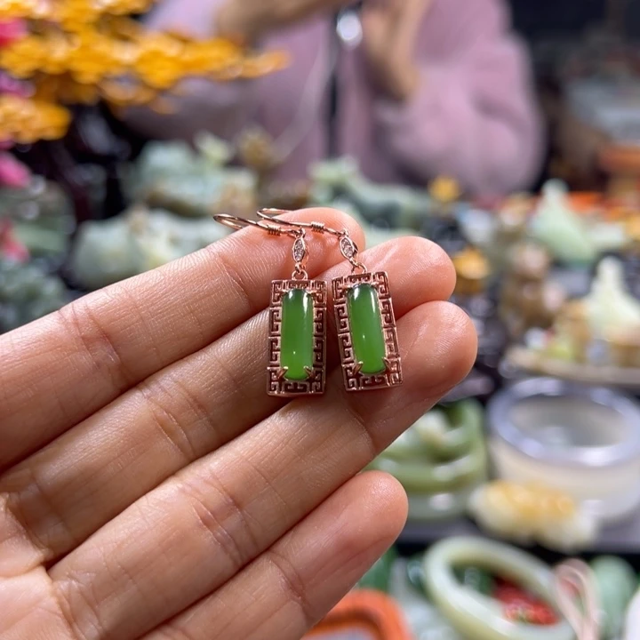 和田玉耳饰银S925镶嵌春**明