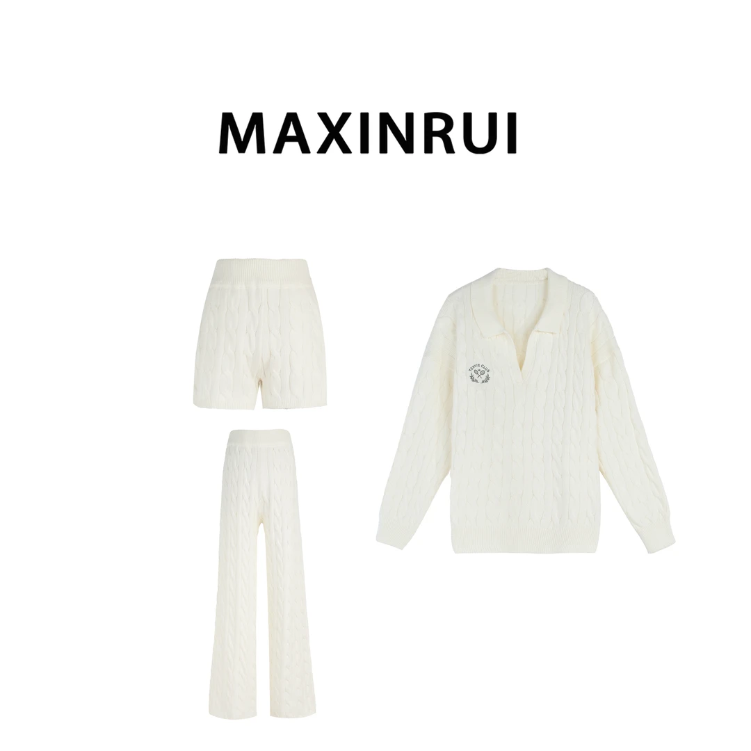 MAXINRUI 白色麻花纹理刺绣宽松毛衣 针织短裤 针织长裤套装R8067