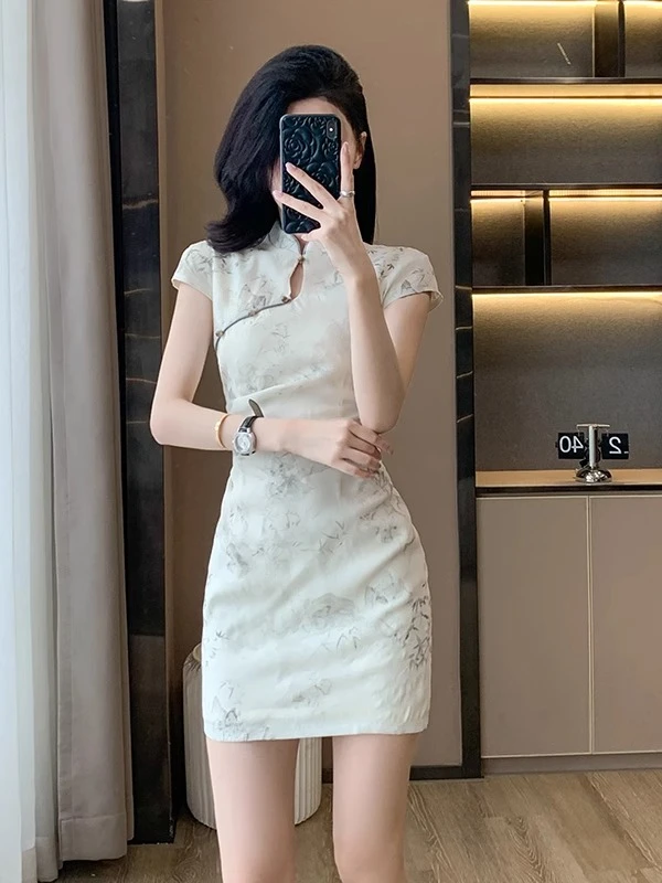新中式立领水墨画短款连衣裙女夏季新款小个子收腰显瘦改良旗袍裙