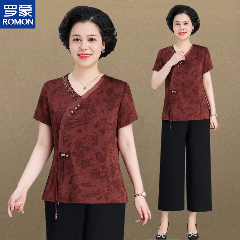 罗蒙新中式短袖妈妈装小衫女夏季新款洋气国风中老年人上衣服女