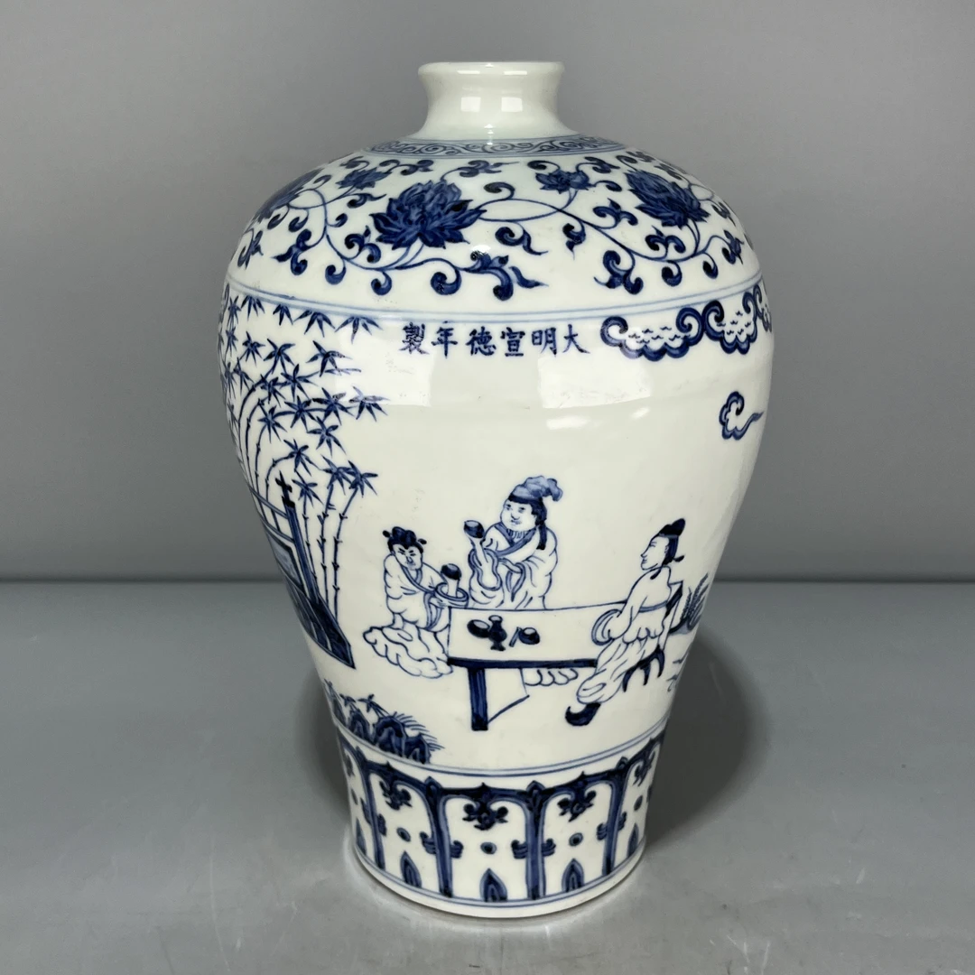 当代仿制 仿古大明宣德年制青花缠枝人物故事梅瓶