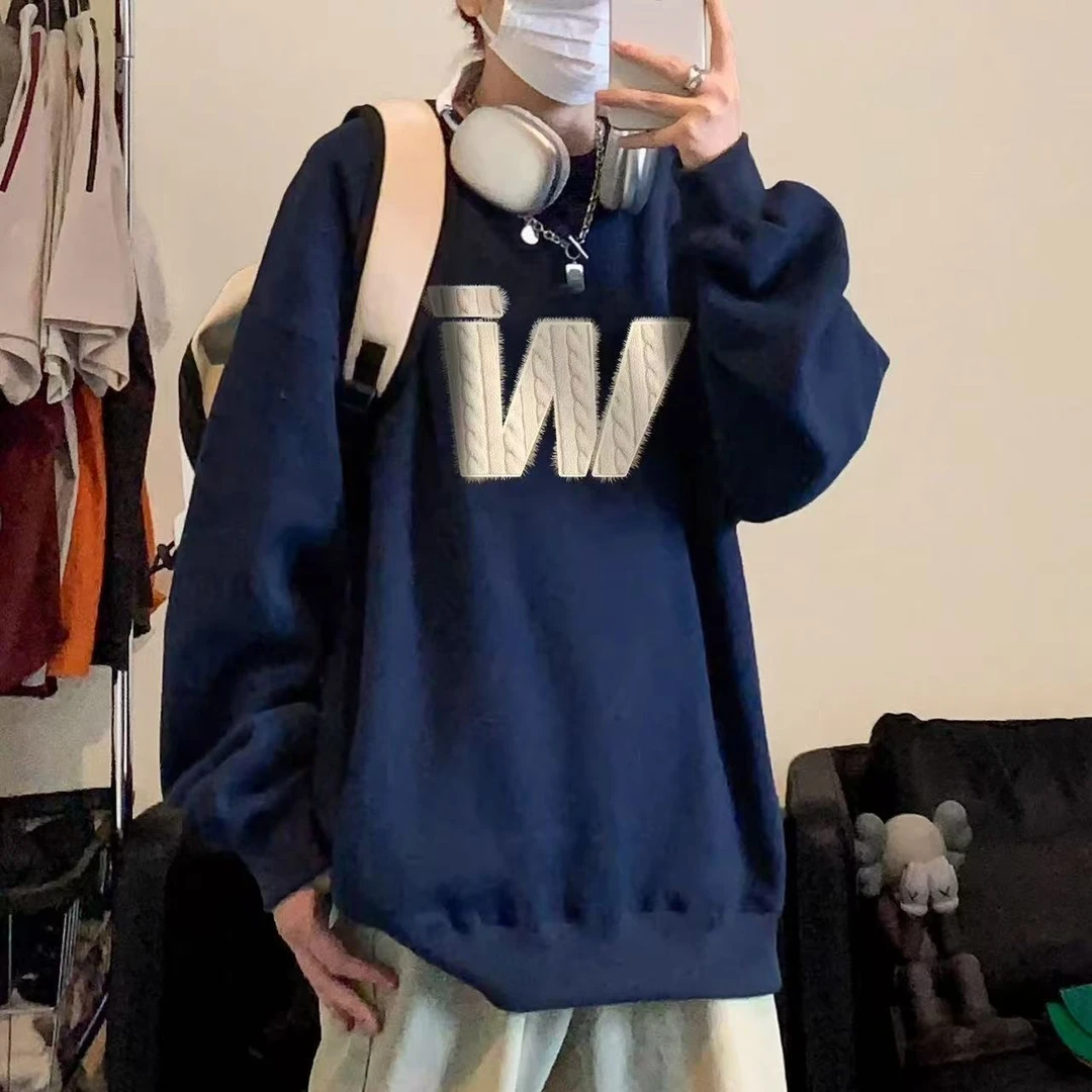 美式圆领卫衣男生上衣简约宽松大码印花潮牌落肩休闲加大打底长袖
