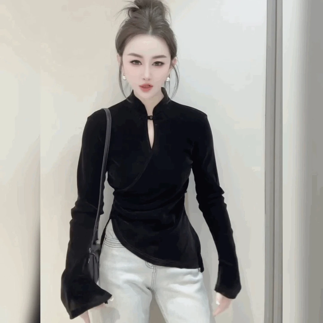 新中式盘扣立领水滴领斜襟丝绒衫T恤时尚冬季上衣气质打底衫大码