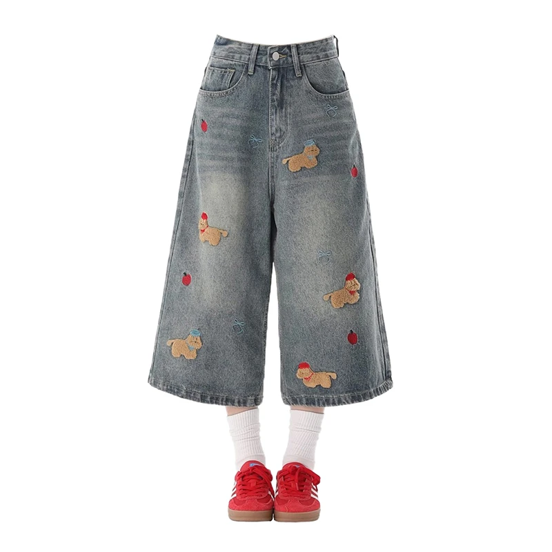 美式复古腊肠狗刺绣牛仔裤女夏季过膝短裤大码胖mm显瘦阔腿七分裤