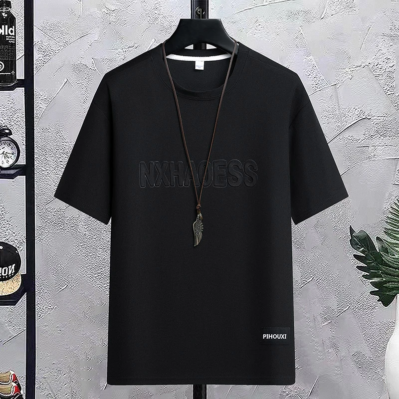 夏季轻薄透气新款时尚潮流钢印圆领休闲半袖T恤男士宽松百搭体恤t