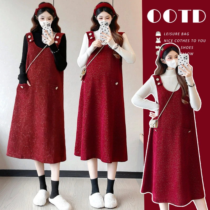 孕妇连衣裙红色套装2025秋冬新款孕期穿搭休闲毛呢背带裙两件套女
