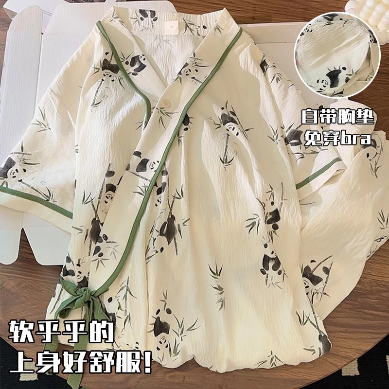带胸垫睡裙女夏季日式和服绑带短袖云朵棉可爱熊猫宽松睡衣家居服