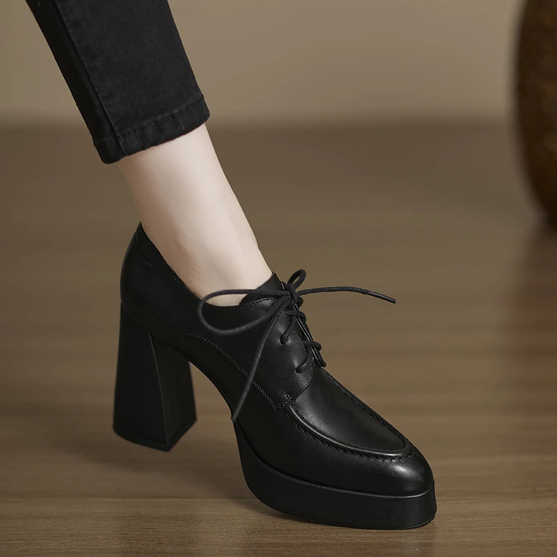 小个子手工女鞋9.5cm~新款牛皮深口单鞋黑色小皮鞋防水台高跟鞋