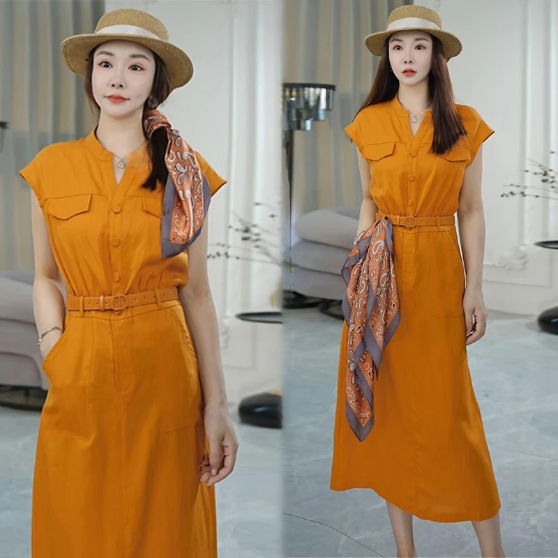 纯欲高级感气质半开领短袖衬衫连衣裙女夏季新款收腰显瘦A字长裙