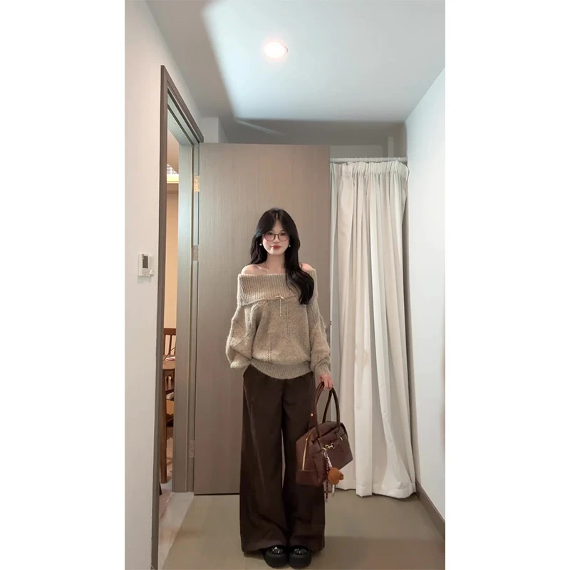 韩系露肩韩系套头毛衣秋慵懒风宽松休闲显瘦小个子上衣+裤子套装