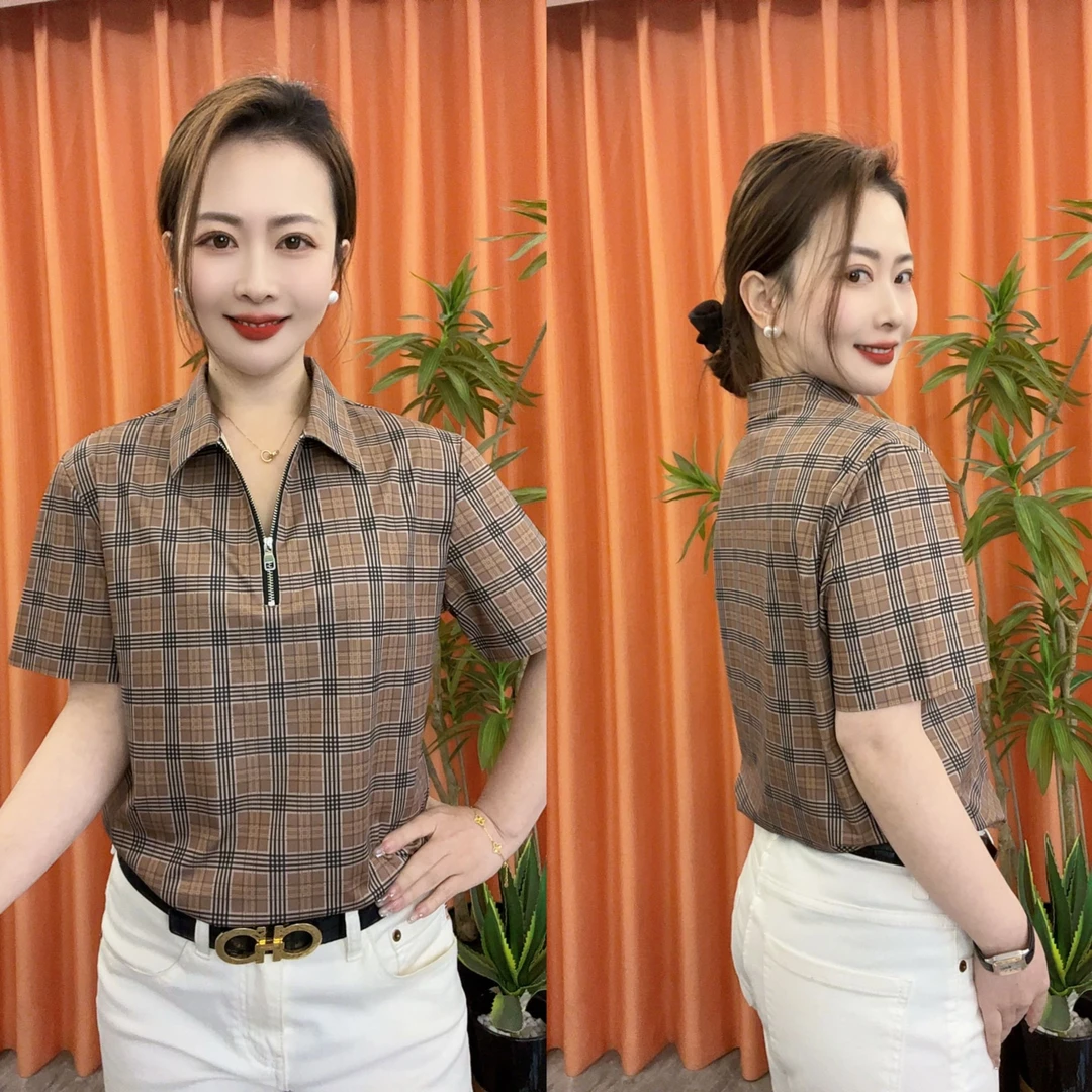 【亚琴男装】2025新款男士春夏日常百搭经典条纹气质半拉链短袖衬衫