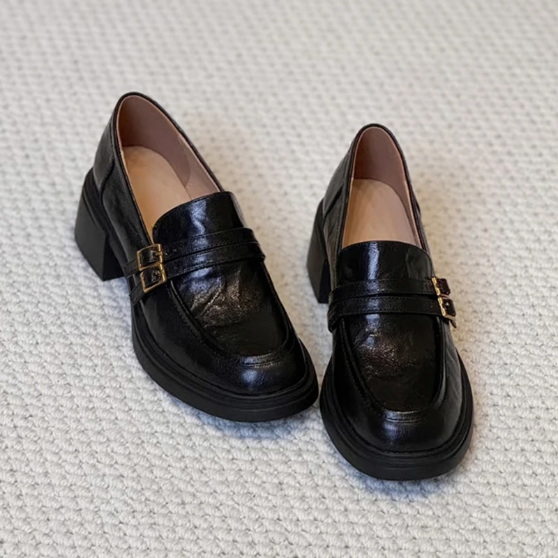 羊皮版~扣带粗跟英伦风乐福鞋女2025新款秋季厚底一脚蹬小皮鞋女