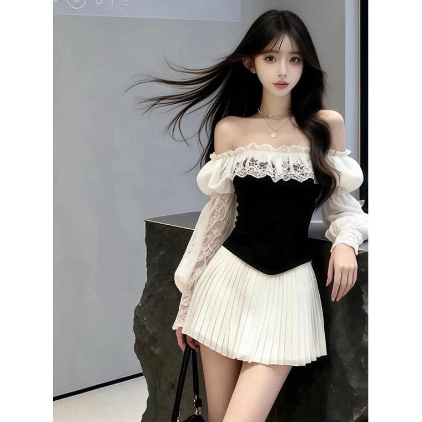 轻奢显瘦日常通勤极简风撞色一字肩露肩蕾丝长袖高腰百褶连衣裙女