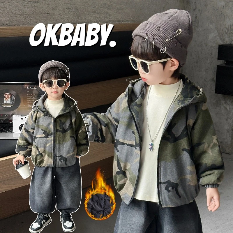 儿童夹棉迷彩外套男童秋冬款加棉连帽休闲外套潮童时尚加厚迷彩服