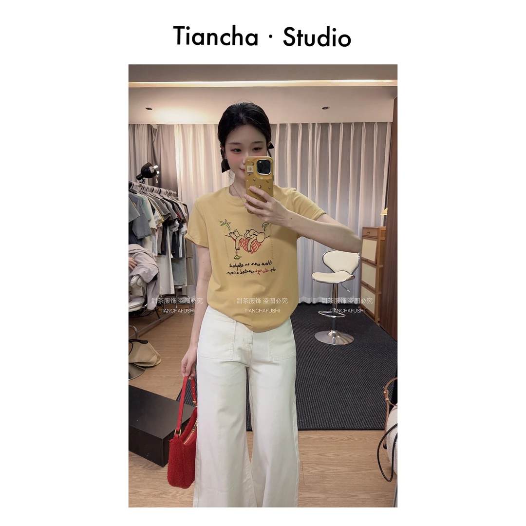 sweetc【椰汁象】M335#夏季韩版正肩短袖T恤女可爱舒适气质百搭刺绣