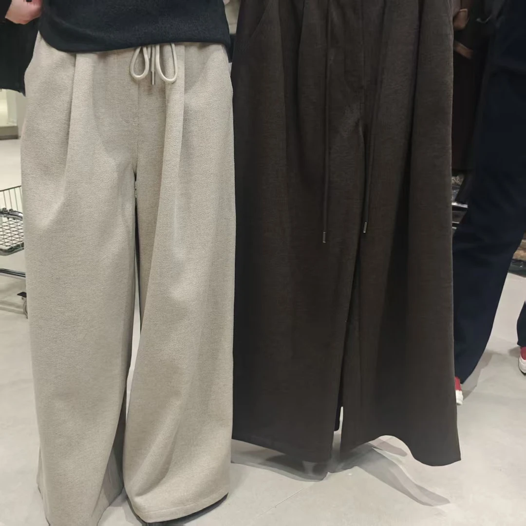 【木朴素裤子】磨毛卫裤针织宽松春季高腰阔腿裤长裤时尚7905