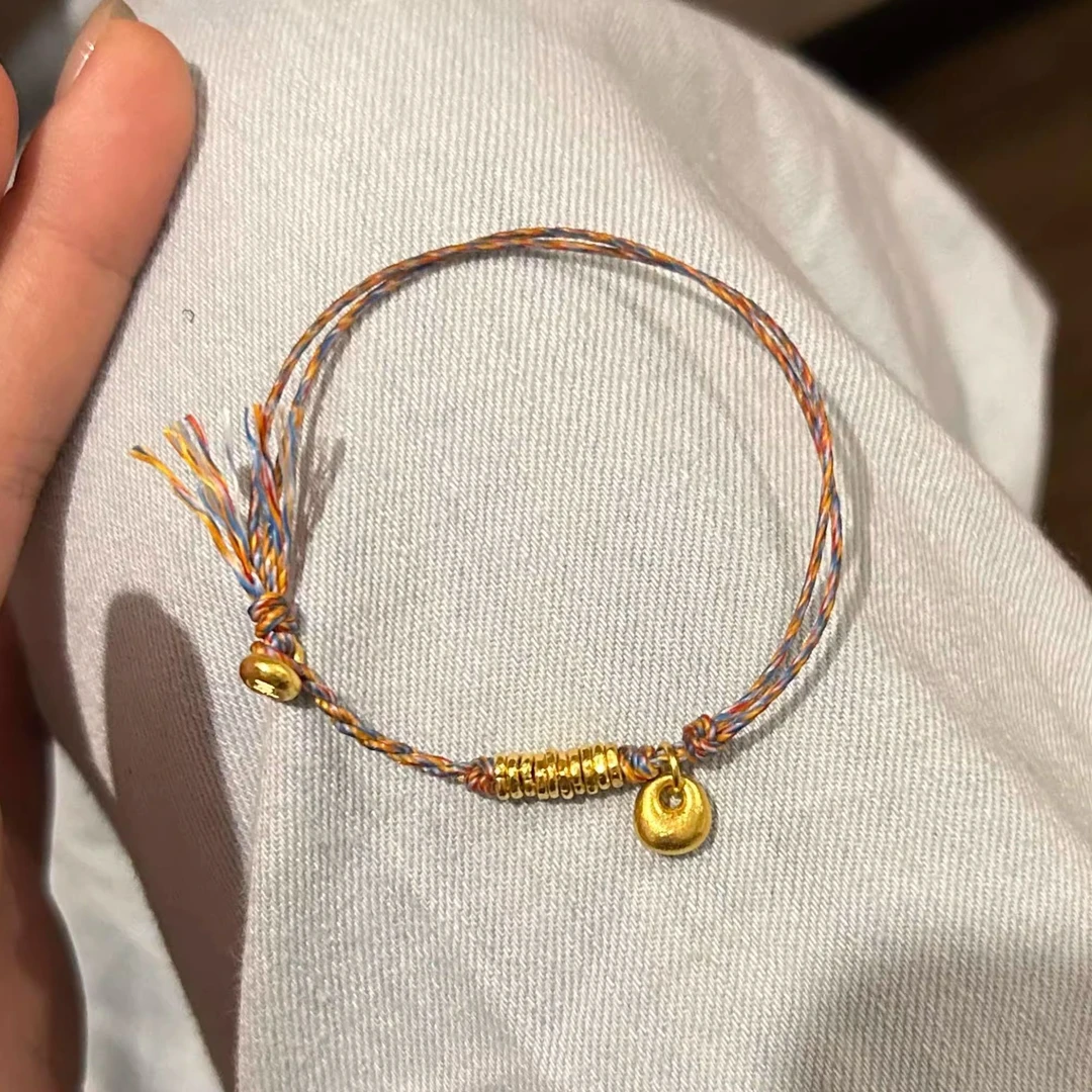 铜合金手链 藏式金色盘缠坨坨编绳手链女民族风五彩手绳饰高级感