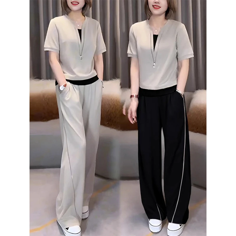 欧货休闲运动套装女夏季2025新款时尚洋气减龄假两件短袖两件套潮