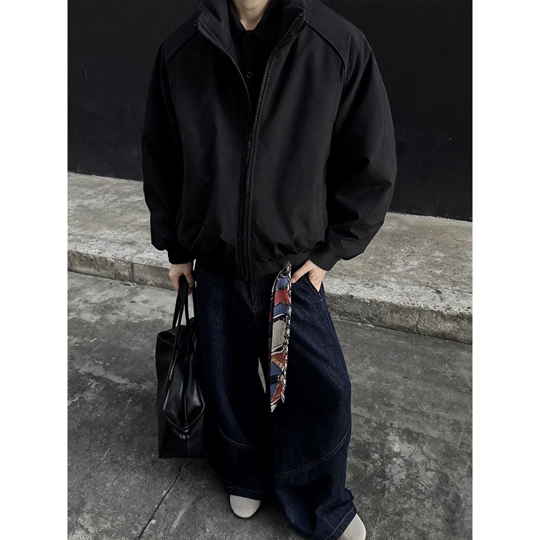 藏青色螺纹立领三防夹克棉服男款冬季美式工装飞行员棒球棉衣外套