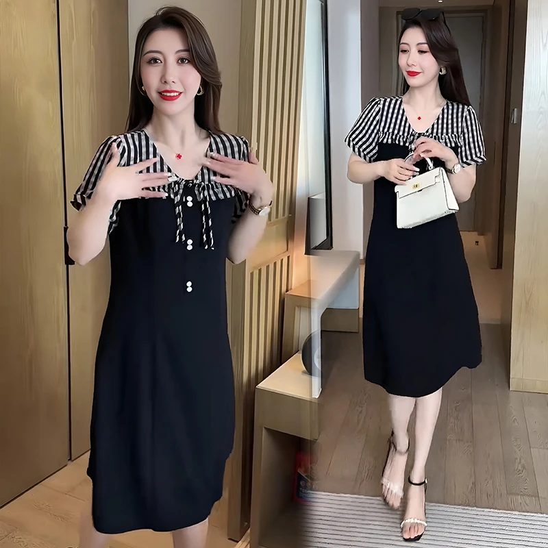 高级感连衣裙女夏装2025新款气质妈妈拼接别致小黑裙时尚洋气裙子