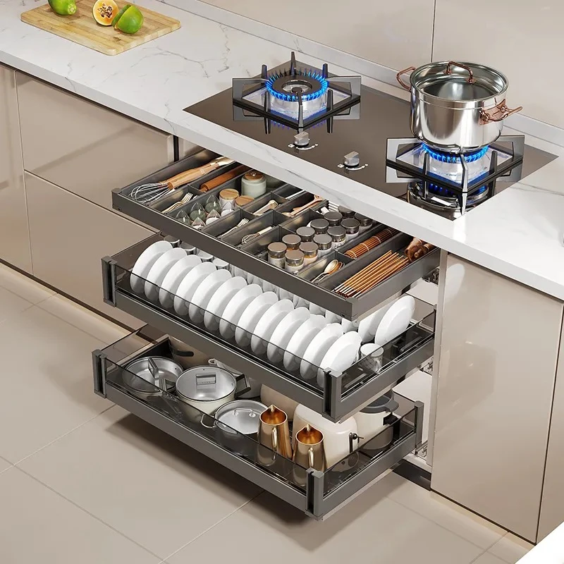 三层厨房橱柜拉篮双层抽屉式碗碟篮太空铝合金抽中抽碗筷厨柜收纳