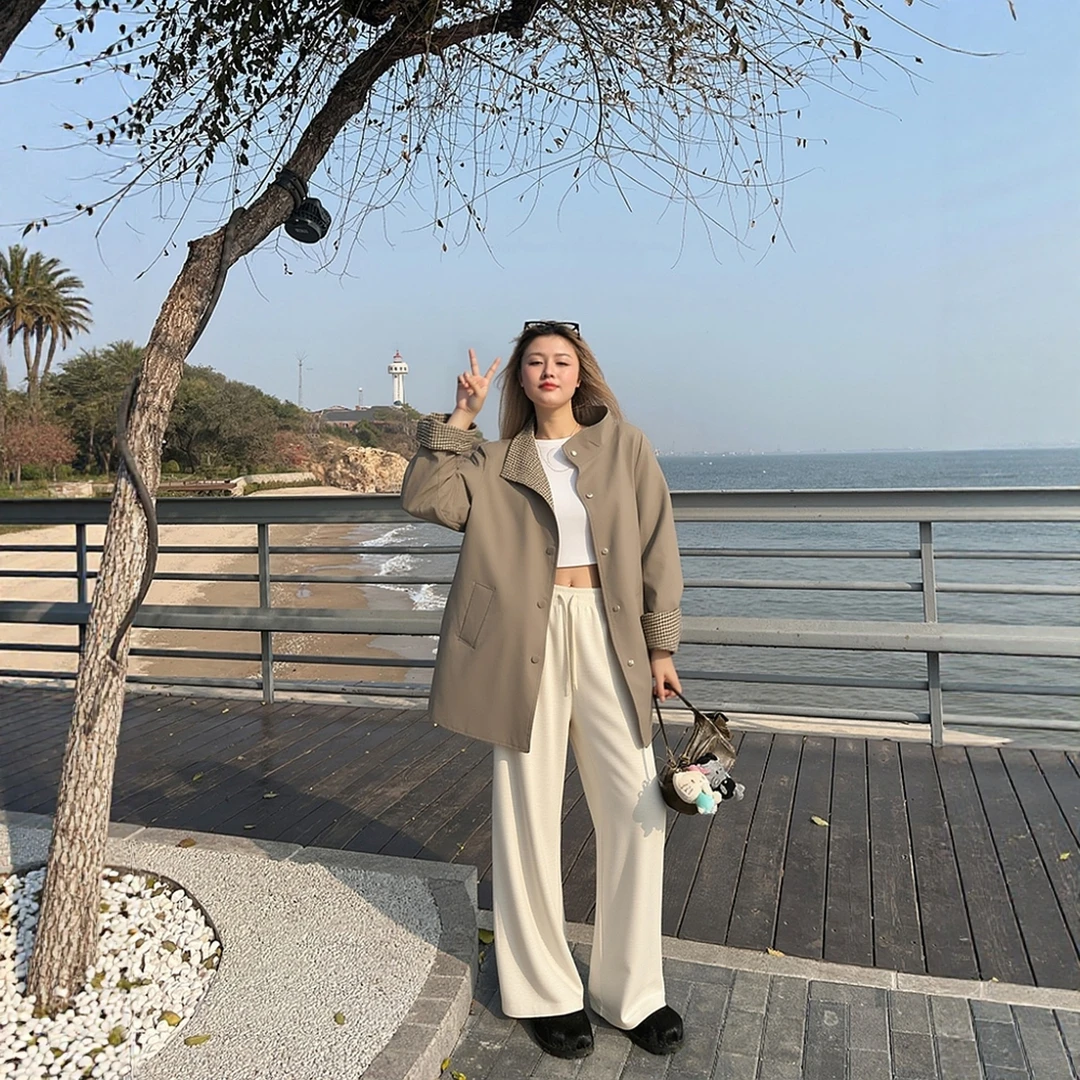 大码外套独特漂亮早秋女装秋装绝美正肩休闲中长款风衣3563