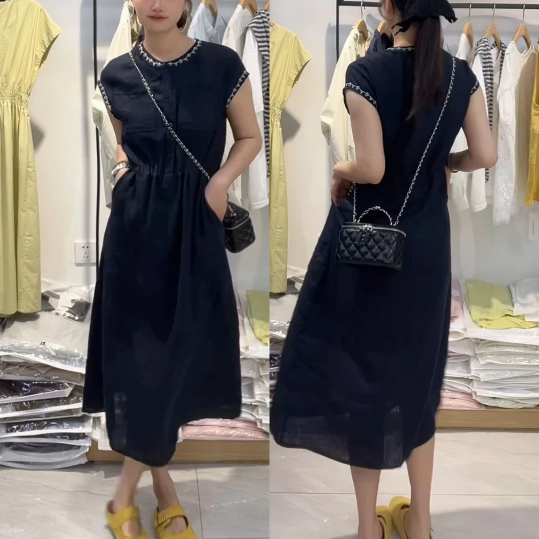 2025夏季新款时尚百搭复古中长款休闲裙小个子气质显瘦短袖连衣裙