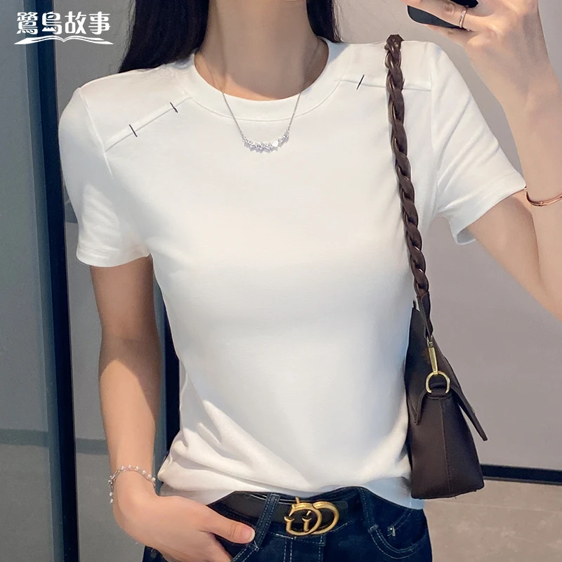 鹭岛故事白色圆领正肩刺绣短袖t恤女春夏修身打底衫百搭显瘦上衣