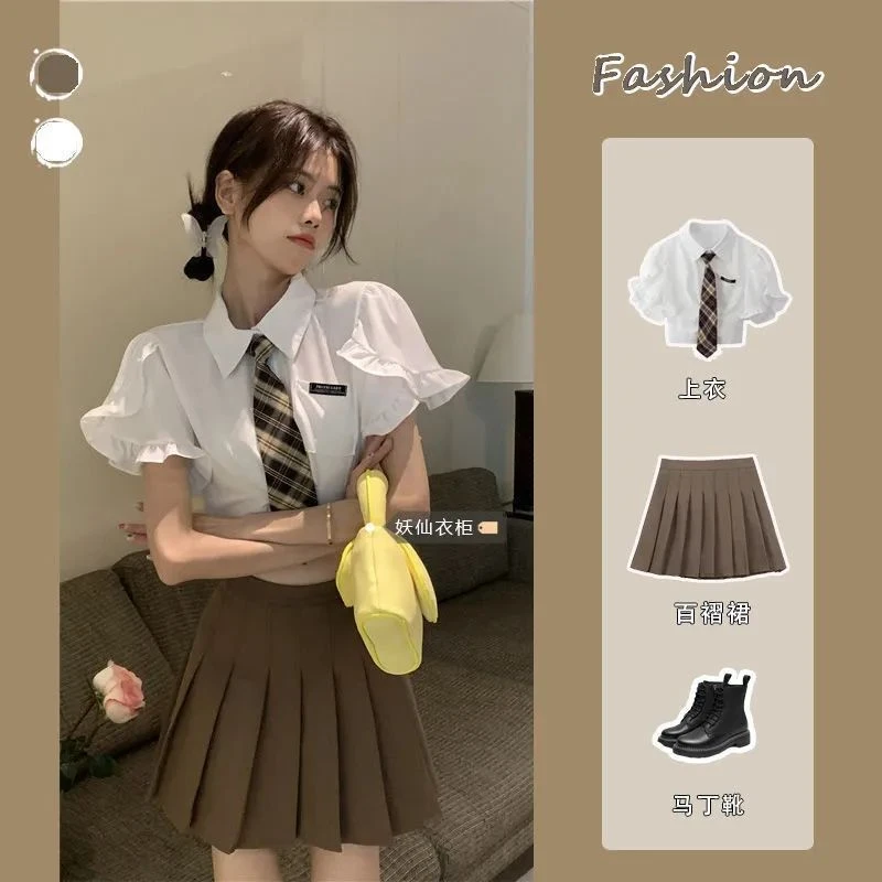 夏季jk甜美学院风制服上衣百褶+短裙子辣妹高级感韩系两件套装女