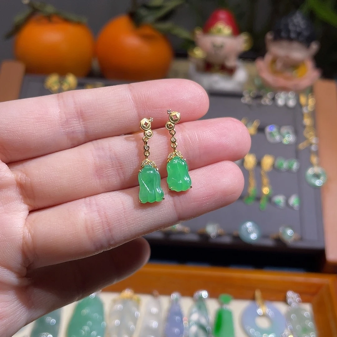 翡翠耳饰18K金镶嵌冰阳绿铃兰花