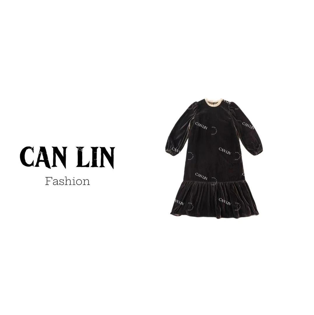 CAN LIN秋款法式复古圆领设计感丝绒长裙荷叶边拼接纯色连衣裙