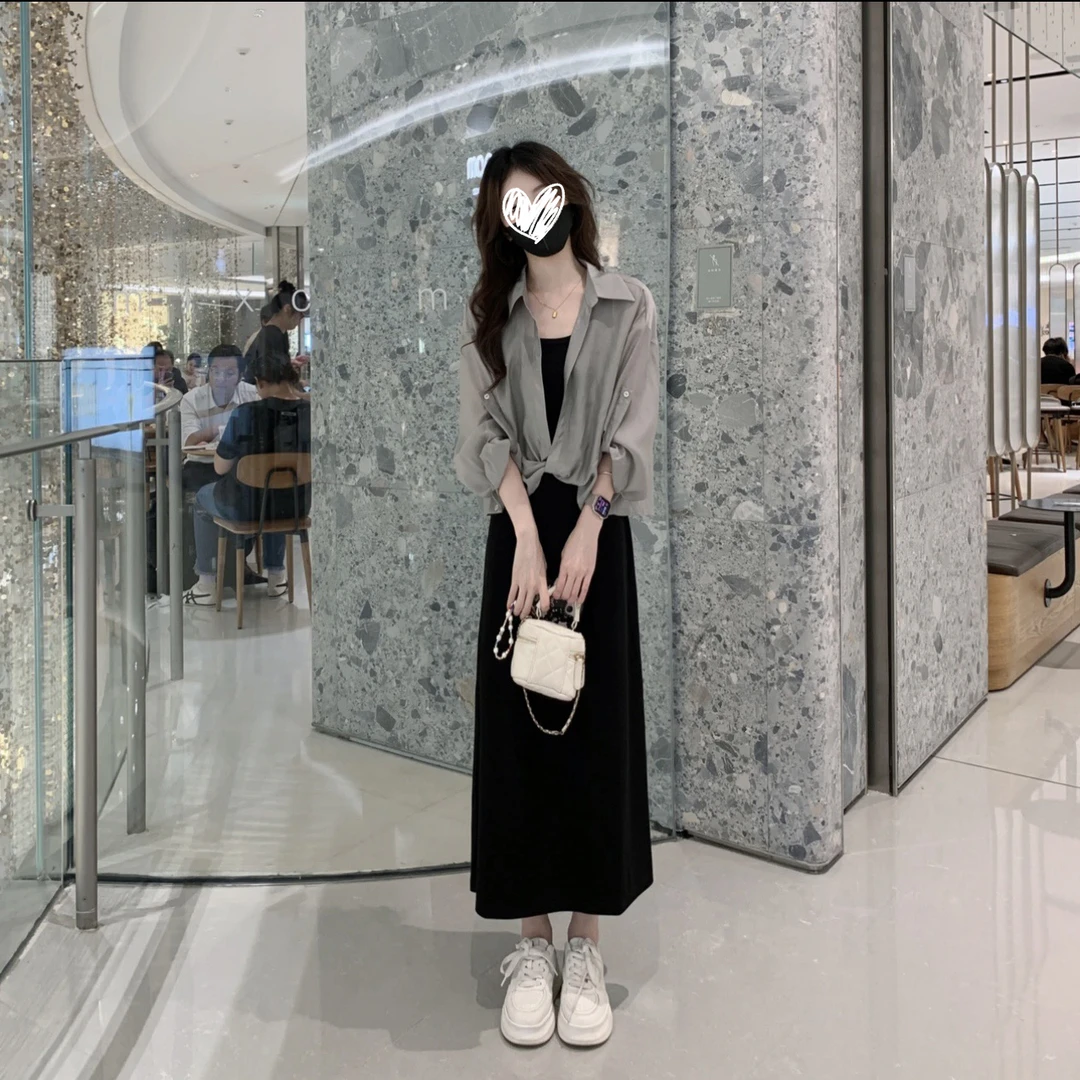 2025夏季新款富家千金高级感穿搭海边度假防晒衬衫吊带连衣裙套装