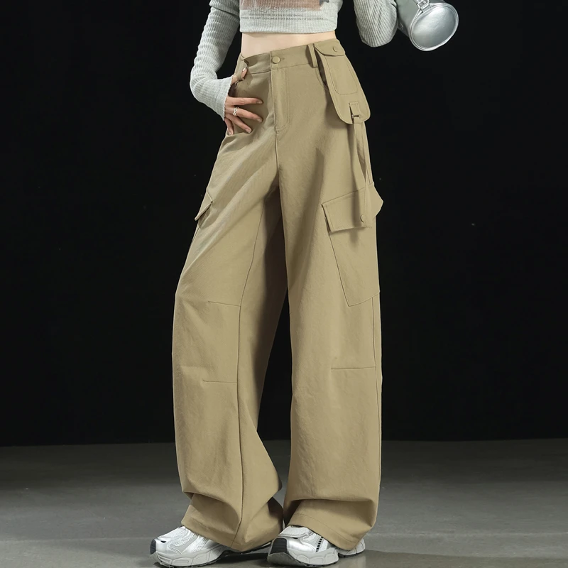 卡其色美式工装裤女2025春秋新款高腰显瘦设计感休闲阔腿直筒长裤