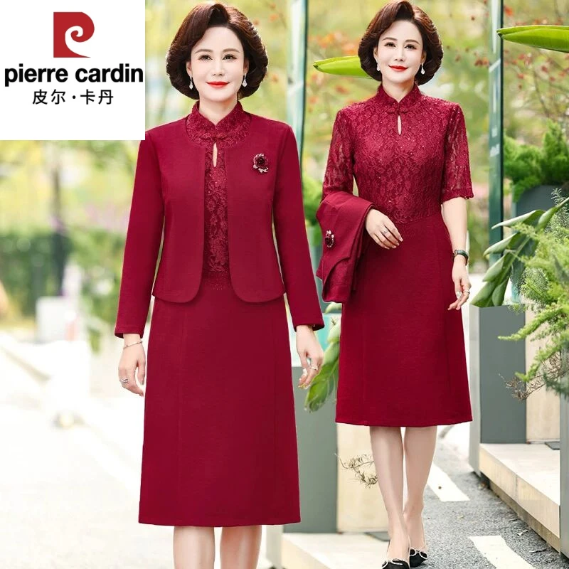 妈妈春装蕾丝连衣裙子新款新款中老年女装春秋高贵婚礼服两件套装