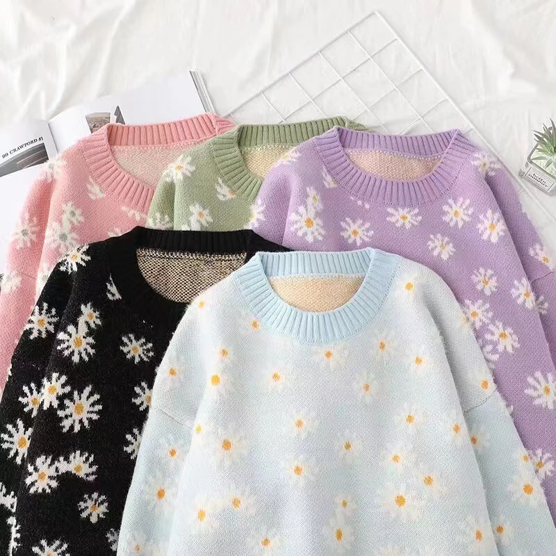 圆领毛衣加厚菊花花色厚款学院风毛衣时尚针织衫套头