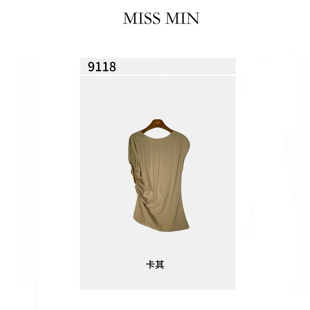 MISS MIN【小众褶皱上衣】简约财阀千金女装不规则褶皱包袖小衫9118