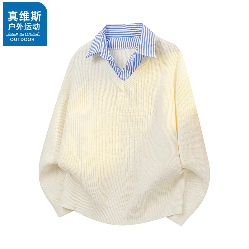 真维斯户外运动秋冬季假两件毛衣复古衬衫领宽松翻领针织衫打底衫