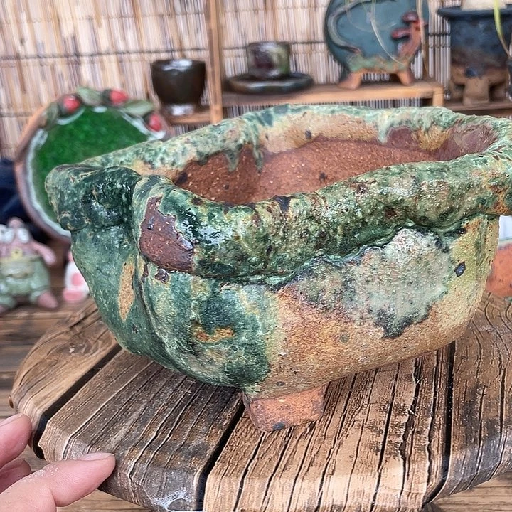 手工粗陶高温釉下彩花盆