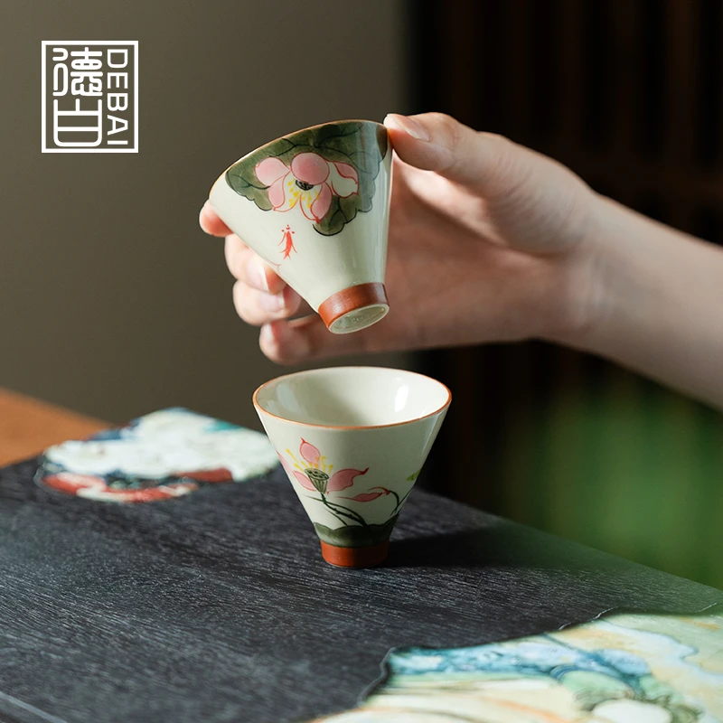 德白家用茶杯主人杯创意草木灰纯手绘鲤鱼莲花陶瓷斗笠杯品茗杯子