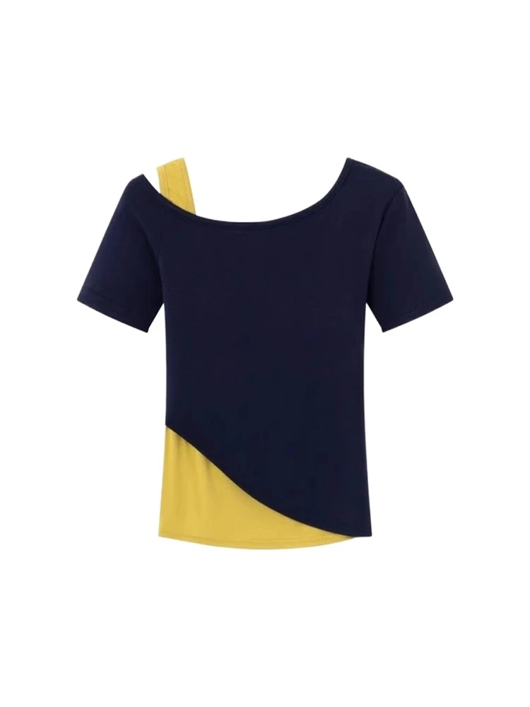 【清货】假两件正肩短袖t恤女款2025年新款夏季设计感独特漂亮上衣