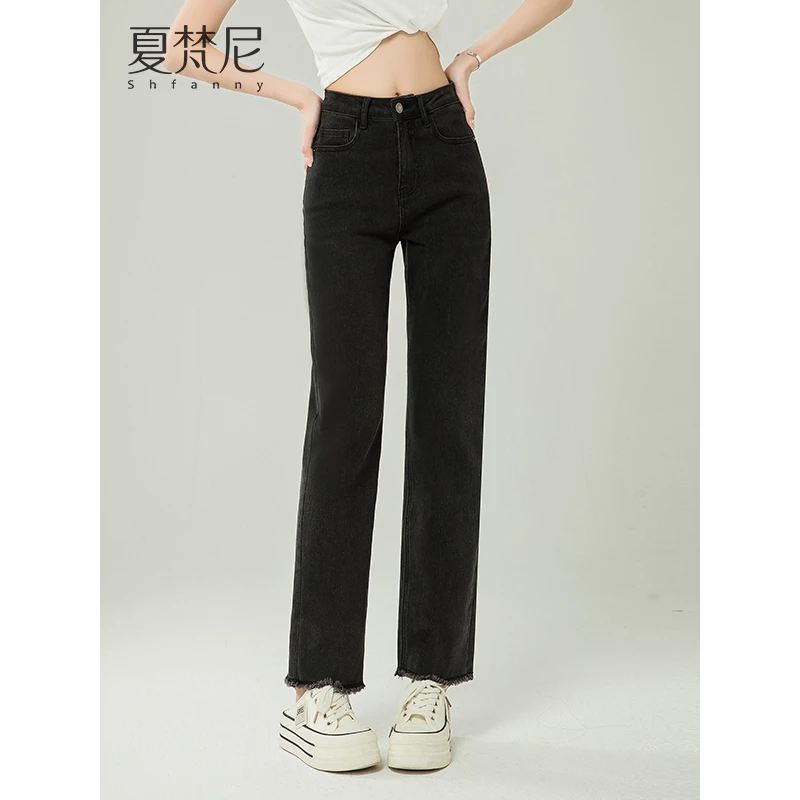 夏梵尼蓝标牛仔高腰直筒弹力九分毛边法棍裤休闲仔裤宽松显瘦