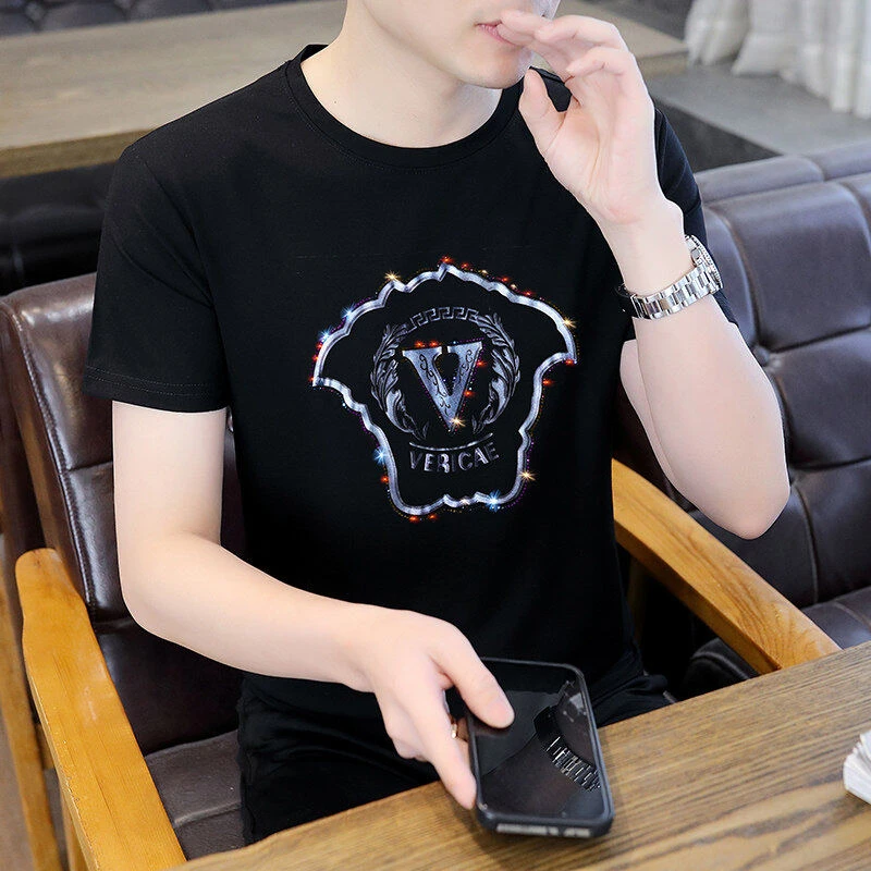 夏季男士年休闲半袖韩版圆领打底衫短袖针织T恤宽松烫钻常规89925