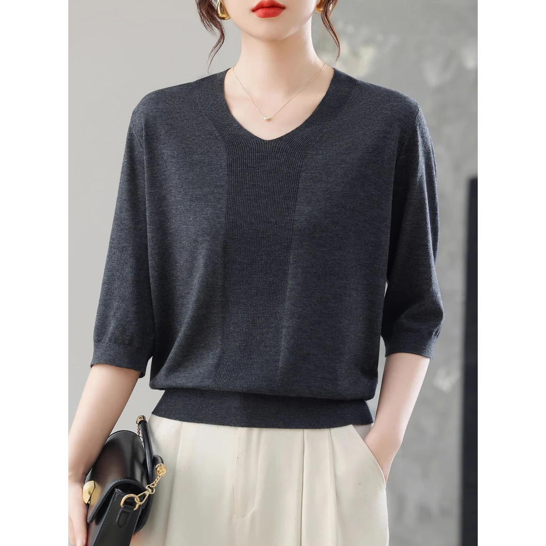 2025秋季新款V领七分袖针织衫女宽松大码羊毛上衣套头毛衣打底衫