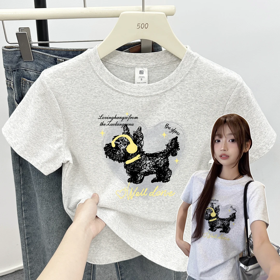 韩系卡通正肩短袖t恤女洋气休闲爱心耳机狗印花高弹力棉修身上衣