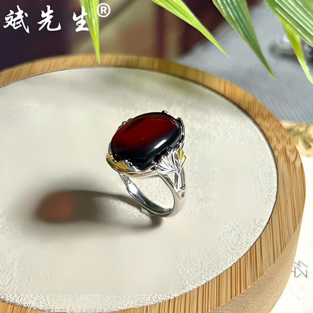 【斌先生】天然血珀 银杏叶925银戒指 开口可调节