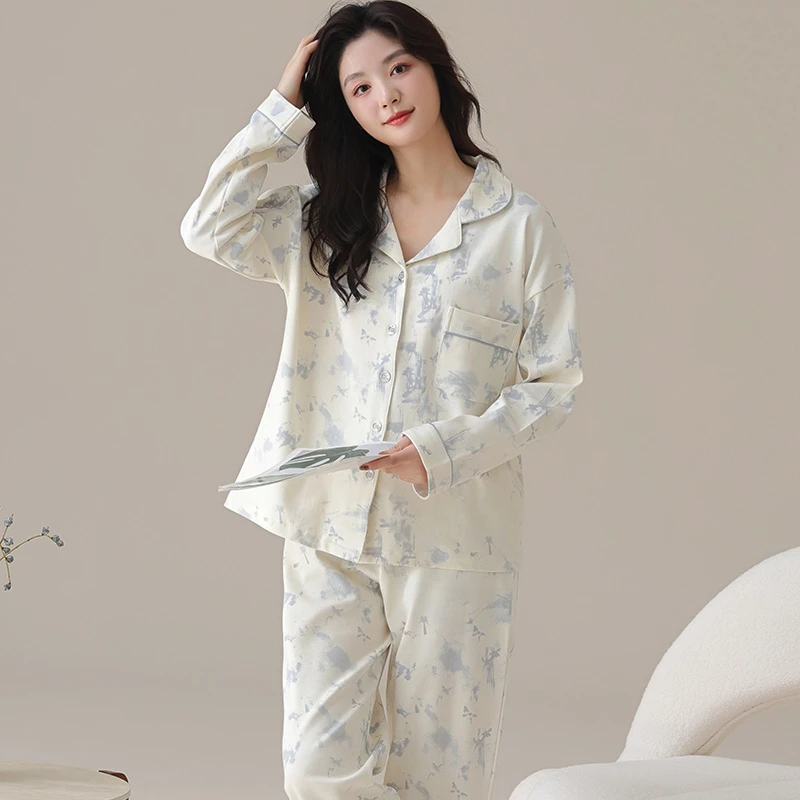 睡衣女士新款莫代尔春秋季翻领长袖长裤宽松家居服套装2029