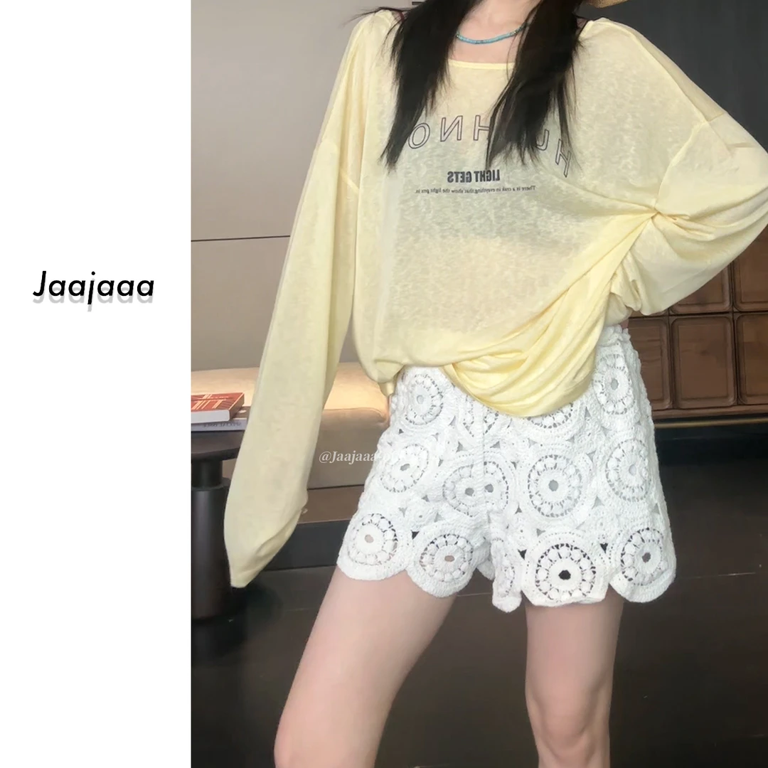 Jaajaaa珀斯的夏   松紧腰重工钩花波浪镂空休闲百搭短裤/XXBX