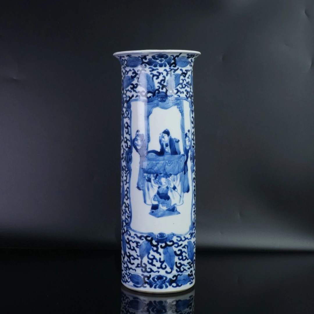 lot14608 4461 清 青花人物故事图筒瓶 H：37
