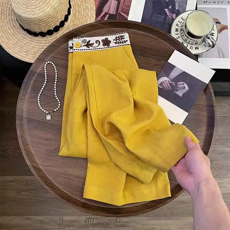 亚麻高级时尚气质通勤直筒裤2025年夏高腰刺绣休闲百搭阔腿裤黄色