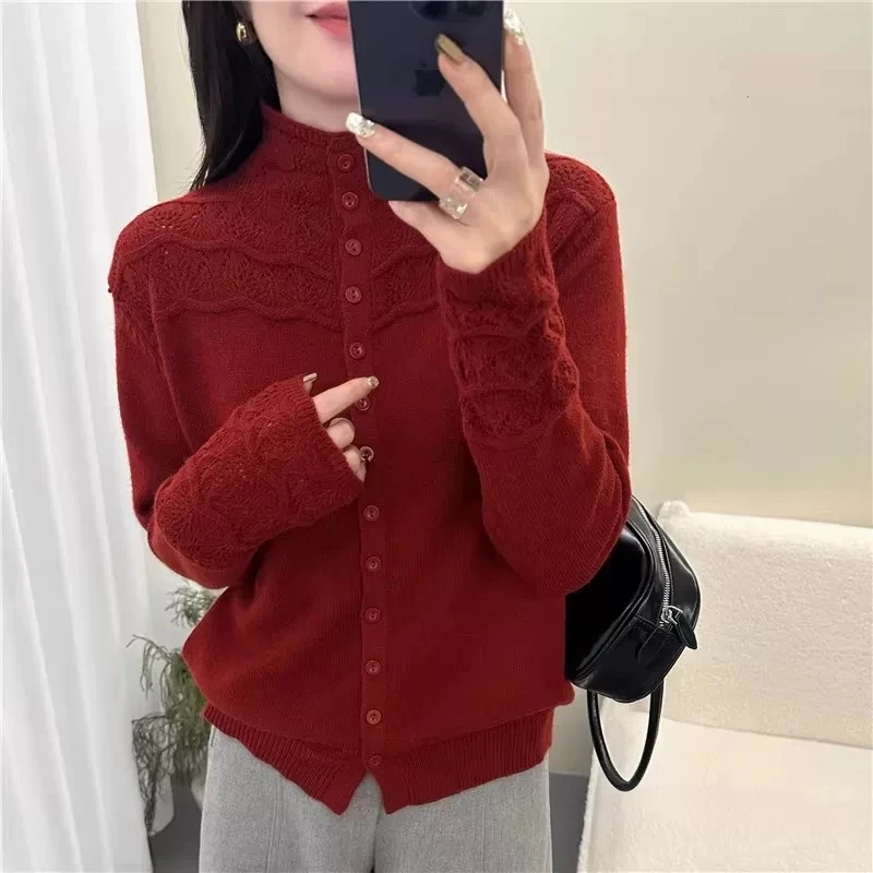 镂空立领长袖女厚款针织毛针织衫毛衣上衣百搭圆领